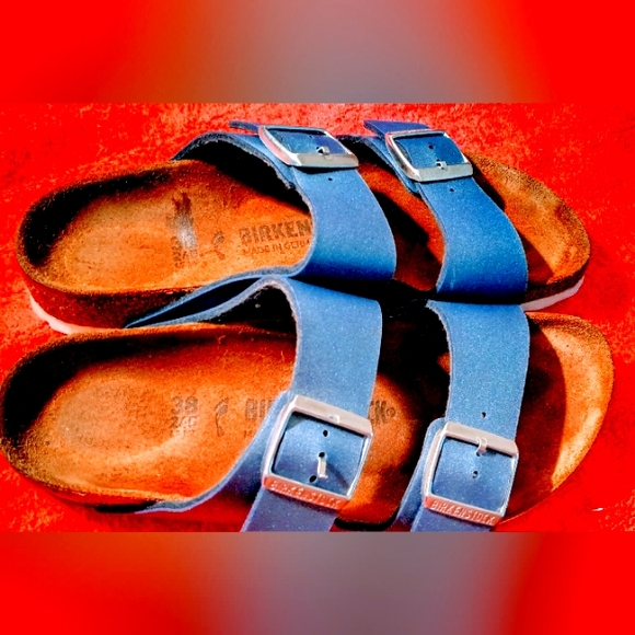 Birkenstock Blue colbalt leather size 8 sandals with double design straps - Picture 3 of 9